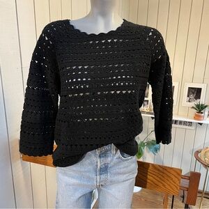J McLaughlin sweater three quarter sleeve crew neck crochet cotton black small